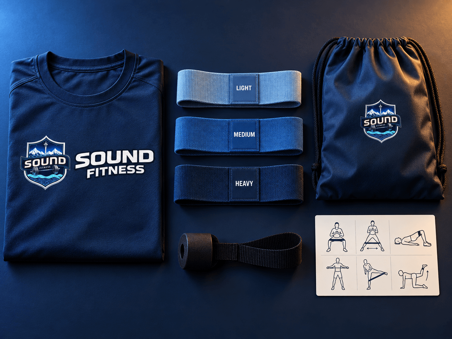 Sound Fitness home training kit: a branded shirt, three resistance loops, a door anchor, a drawstring bag and a printed starter card