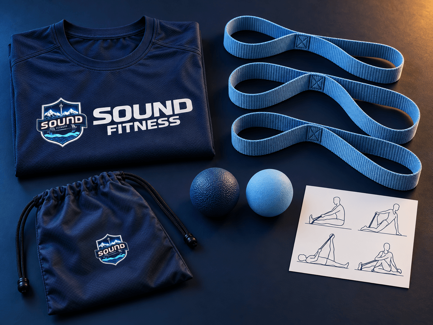 Sound Fitness mobility and recovery kit: a branded shirt, a looped stretch strap, two mobility balls and a printed routine card