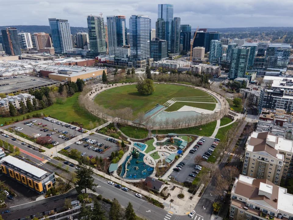 Aerial view of Bellevue Downtown Park and its circular lawn