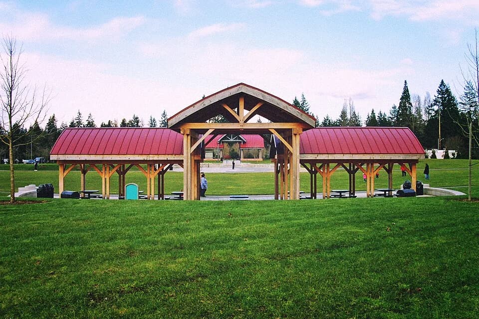 Open lawn and pavilion at Crossroads Park, Bellevue