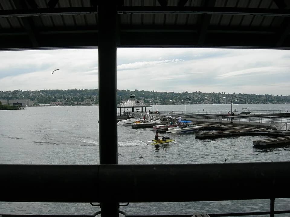 Lake Washington and boat docks viewed from a shelter at Gene Coulon Memorial Beach Park