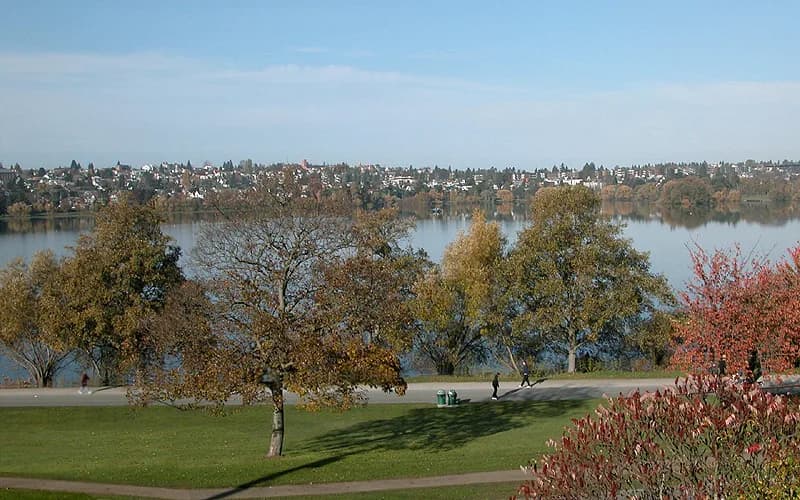 Lake and grassy shoreline at Green Lake Park, Seattle